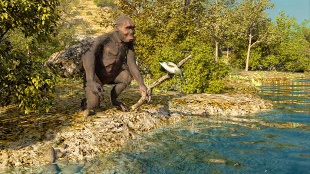 Ein prähistorischer Mensch, der an einem Gewässer sitzt und einen Fisch beobachtet, umgeben von Bäumen und Pflanzen.
