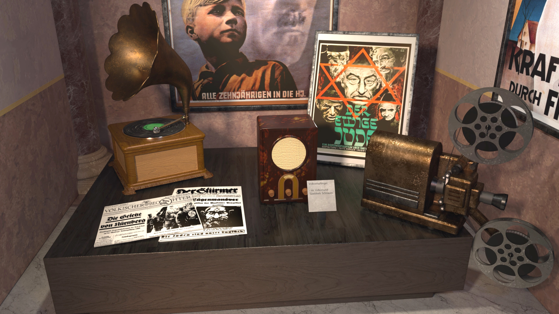 Historische Exponate: Grammophon, Radio, Filmprojektor und Plakate aus der Zeit des Zweiten Weltkriegs.