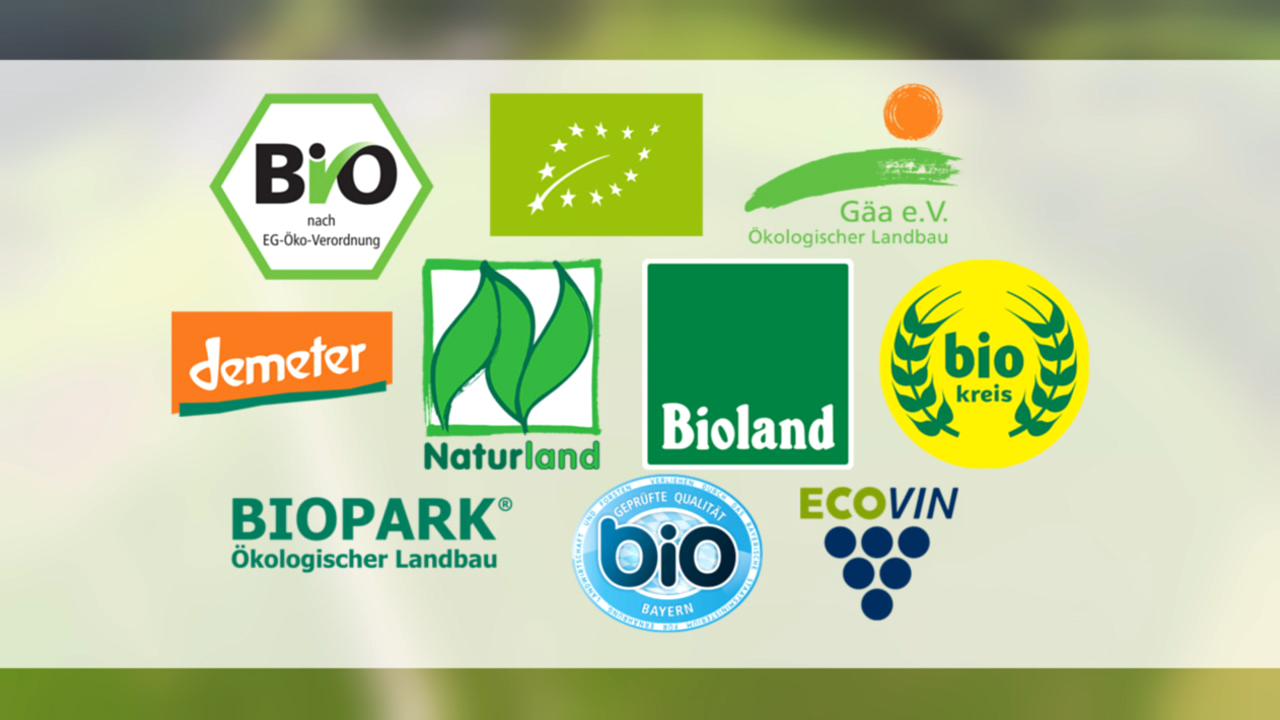 Verschiedene Bio-Zertifizierungslogos, darunter Demeter, Bioland, und ECO VIN.