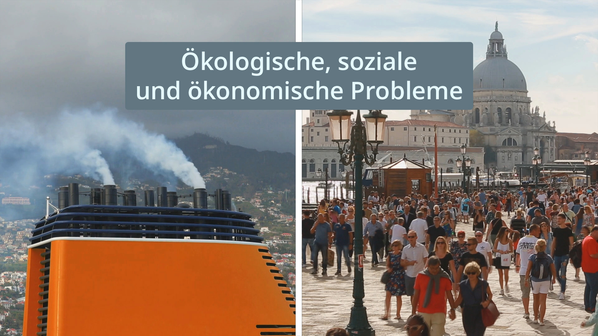 Ein geteilter Bildschirm zeigt links eine Stadt mit Rauch und rechts eine belebte Straße mit Touristen. Text: 'Ökologische, soziale und ökonomische Probleme'