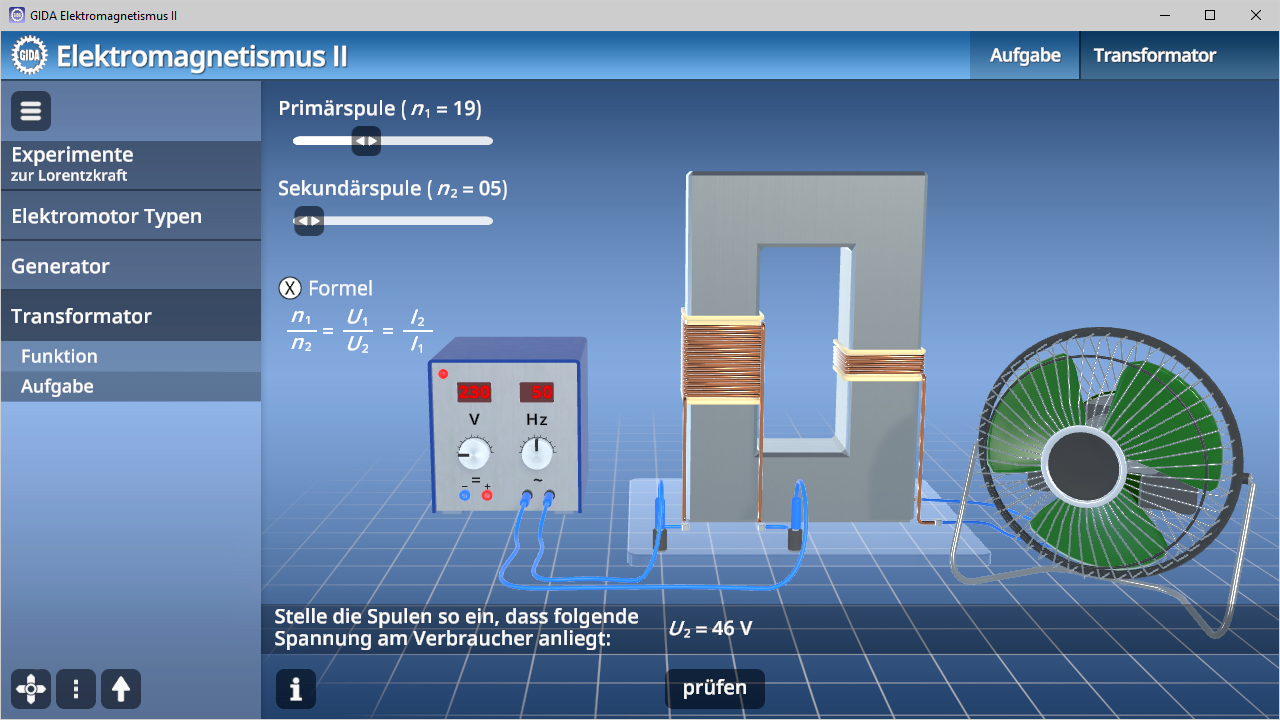Interaktive Simulation eines Transformators mit Primär- und Sekundärspule, Spannungseinstellung und Verbraucher.