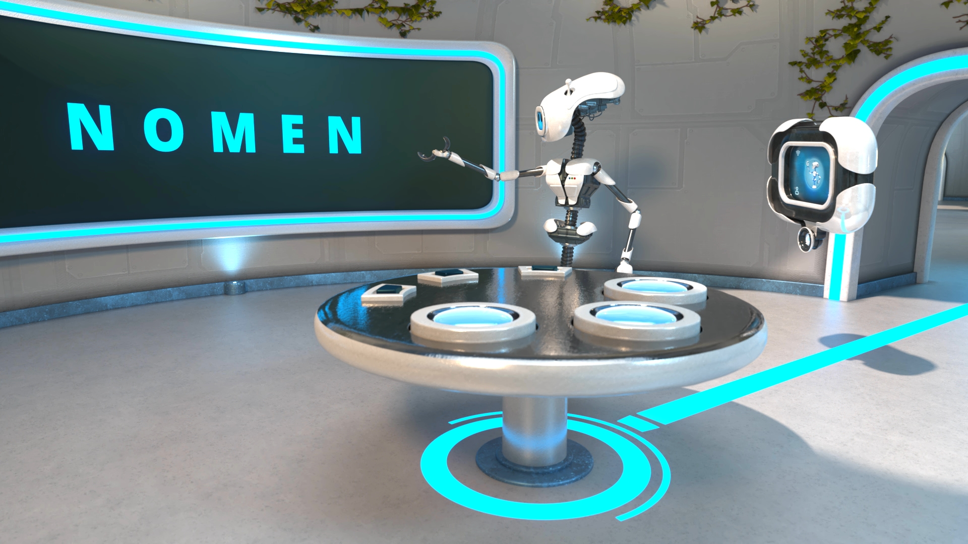 Roboter mit humanoidem Oberkörper zeigt auf eine große digitale Anzeige mit dem Wort 'NOMEN' in einem futuristischen Raum