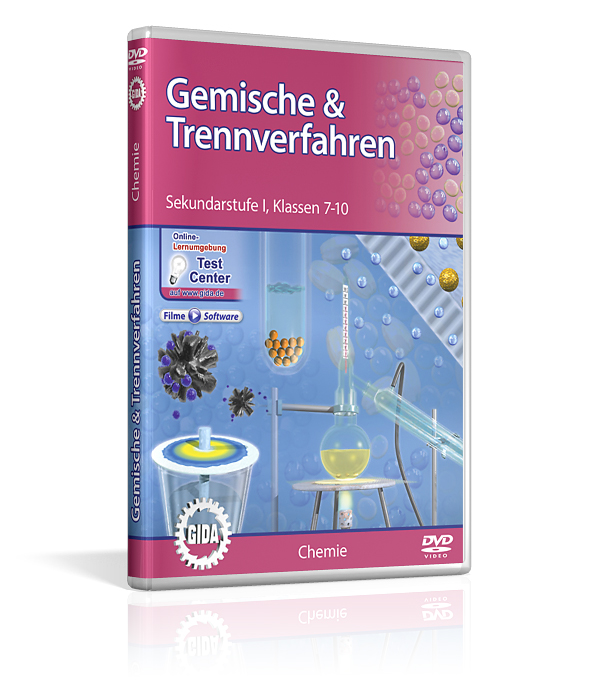 DVD-Cover für Chemie mit dem Titel 'Gemische & Trennverfahren', geeignet für Sekundarstufe I, Klassen 7-10.