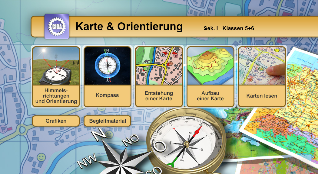 Grafik über Karten und Orientierung mit Kompass, Kartenaufbau und Lesetechniken.
