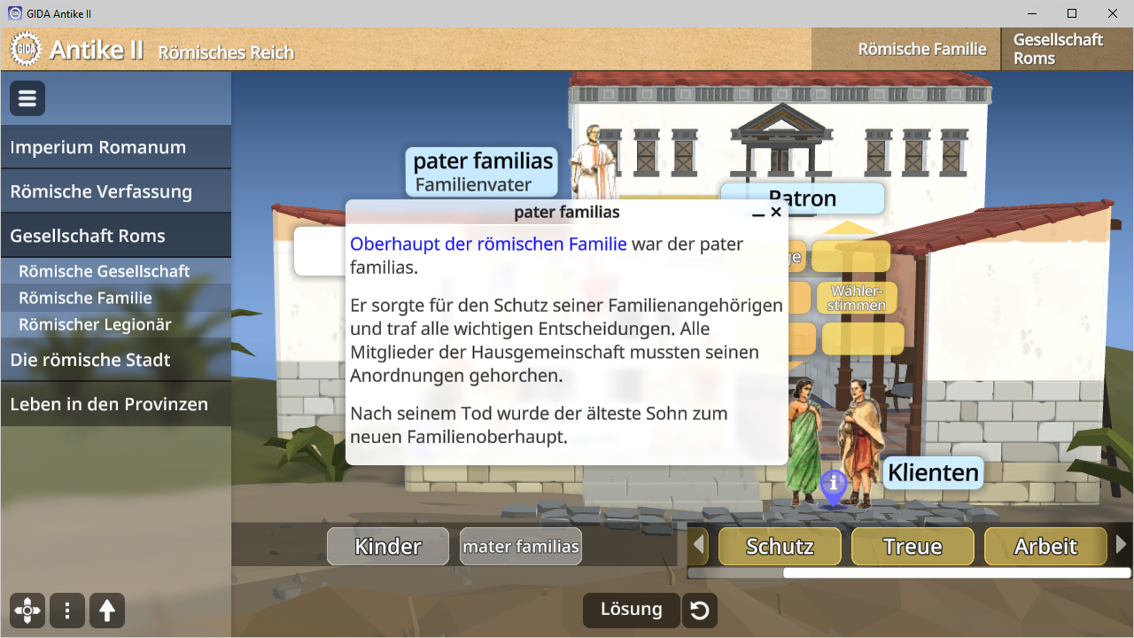 Ein Screenshot einer Lernanwendung über das Römische Reich, der Informationen über die Rolle des 'pater familias' in der römischen Familie zeigt.