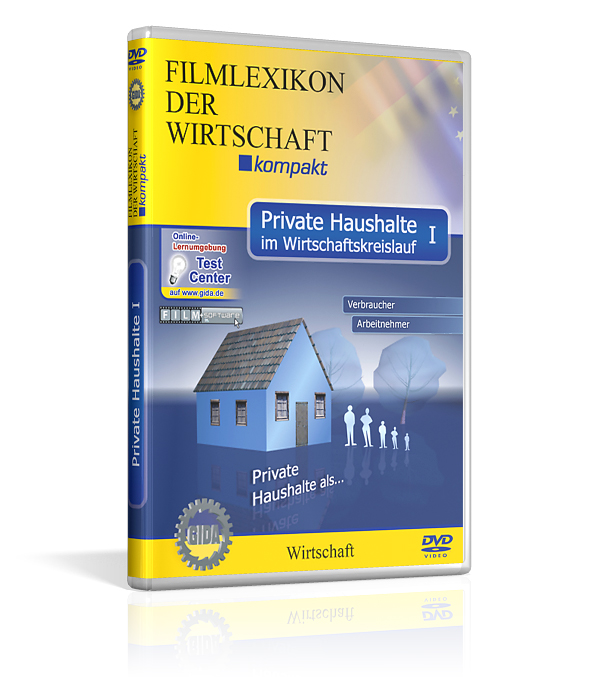 DVD-Cover mit dem Titel 'Filmlexikon der Wirtschaft kompakt', zeigt ein Haus und den Text 'Private Haushalte im Wirtschaftskreislauf'.