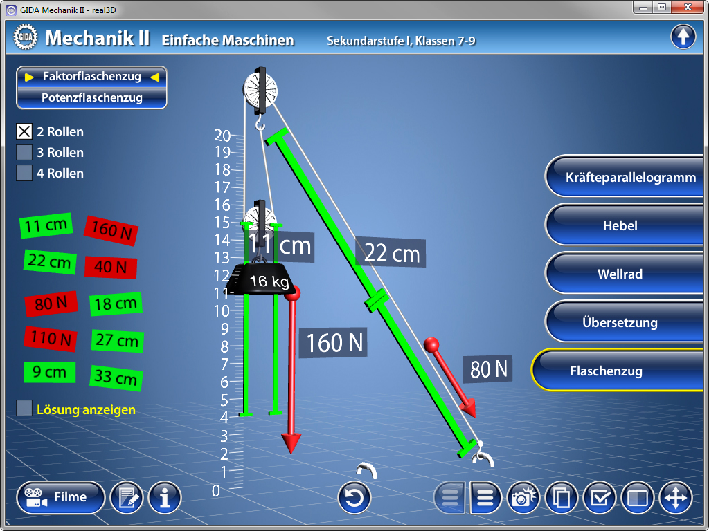 Interaktive Grafik zur Mechanik mit Kräften, Hebeln und Flaschenzug. Zeigt verschiedene Rollen und deren Kräfte an.