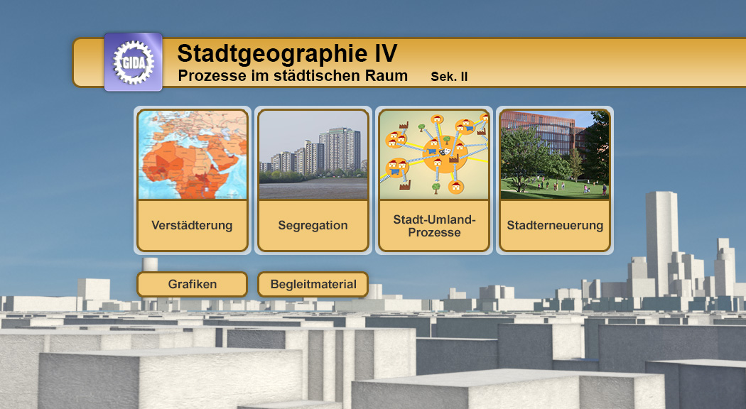 Grafik zu Stadtgeographie IV mit Themen wie Verstädterung, Segregation, Stadt-Umland-Prozesse und Stadtmeurung.