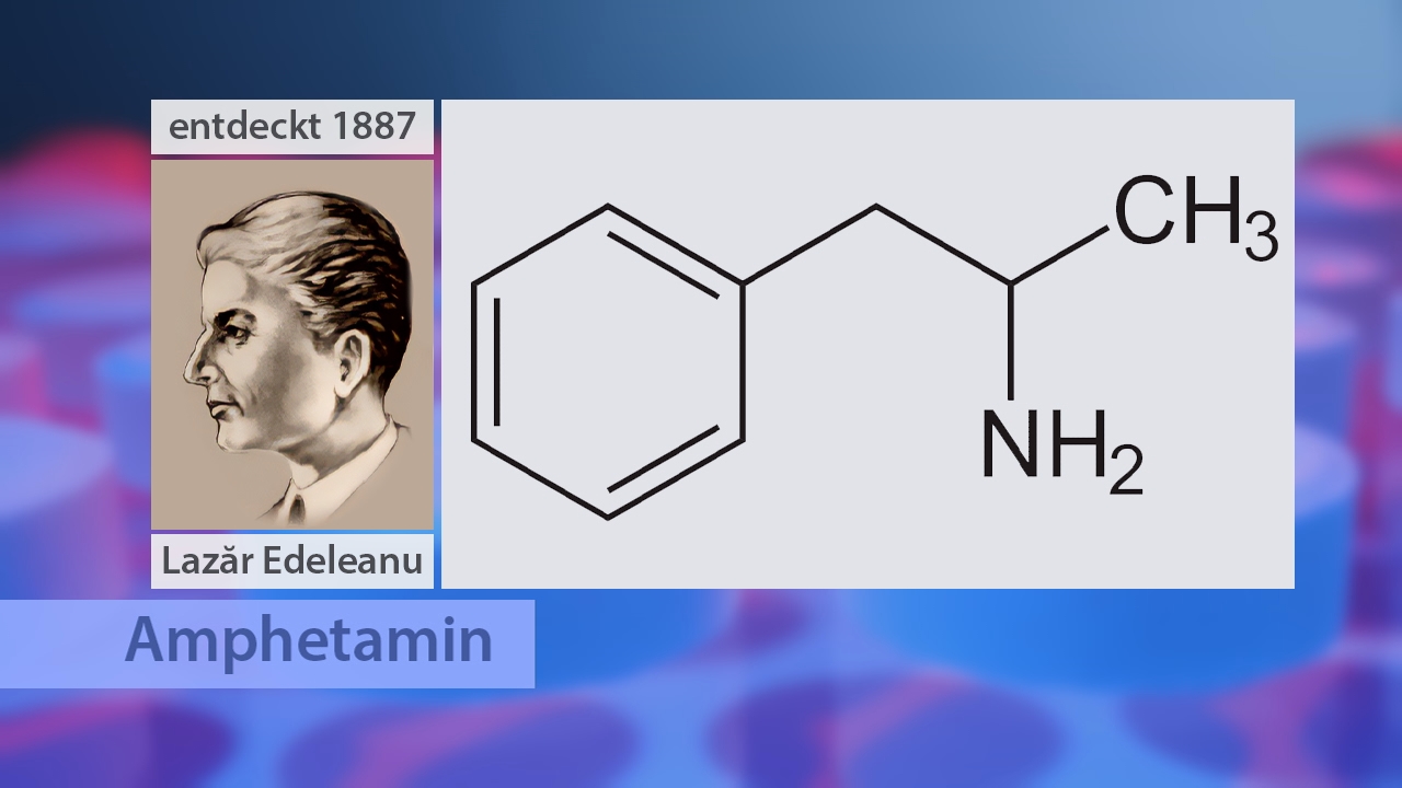 Chemische Struktur von Amphetamin mit dem Namen des Entdeckers Lazar Edelanu und dem Jahr 1887.