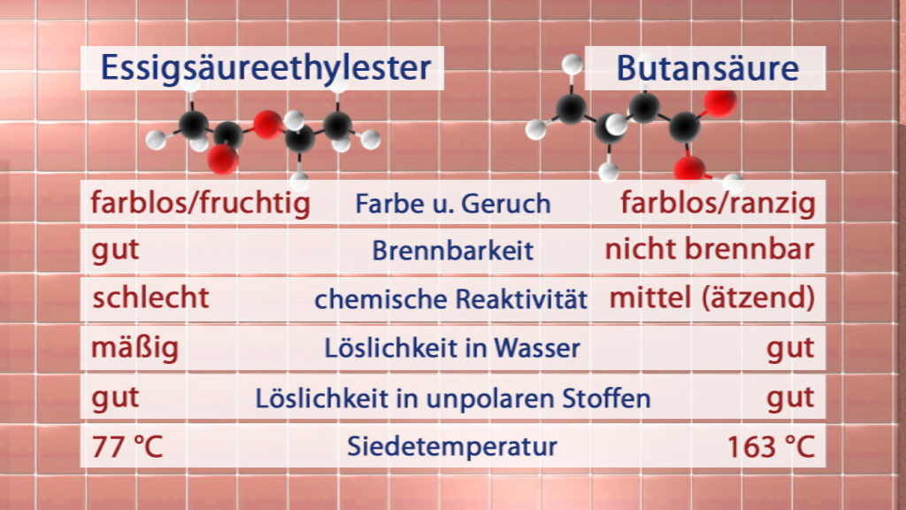 Tabelle vergleicht Eigenschaften von Essigsäureethylester und Butansäure, einschließlich Farbe, Brennbarkeit und Löslichkeit.