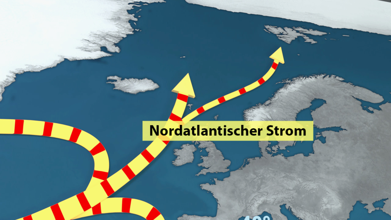 Karte des Nordatlantischen Stroms mit gekurvter Route und Richtungspfeilen.