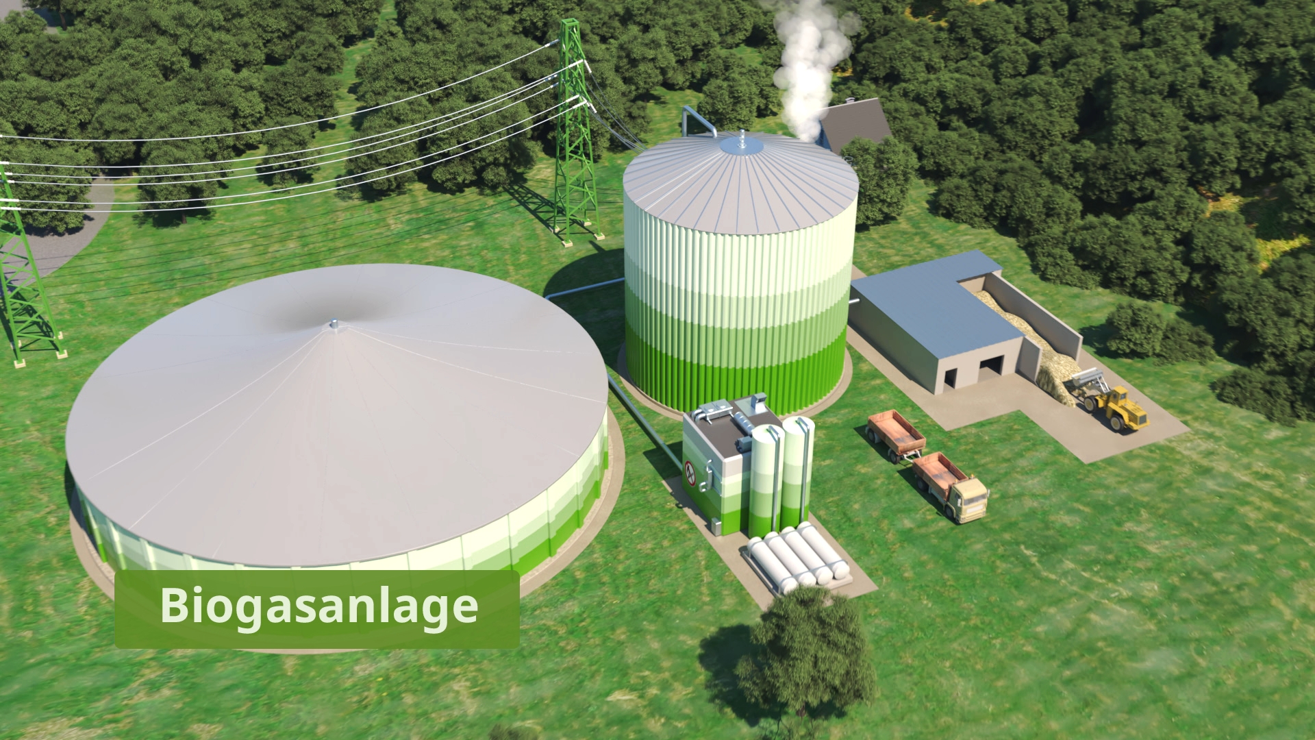 3D-Visualisierung einer Biogasanlage mit zwei großen Silos, einem Nebengebäude und landwirtschaftlichen Maschinen.