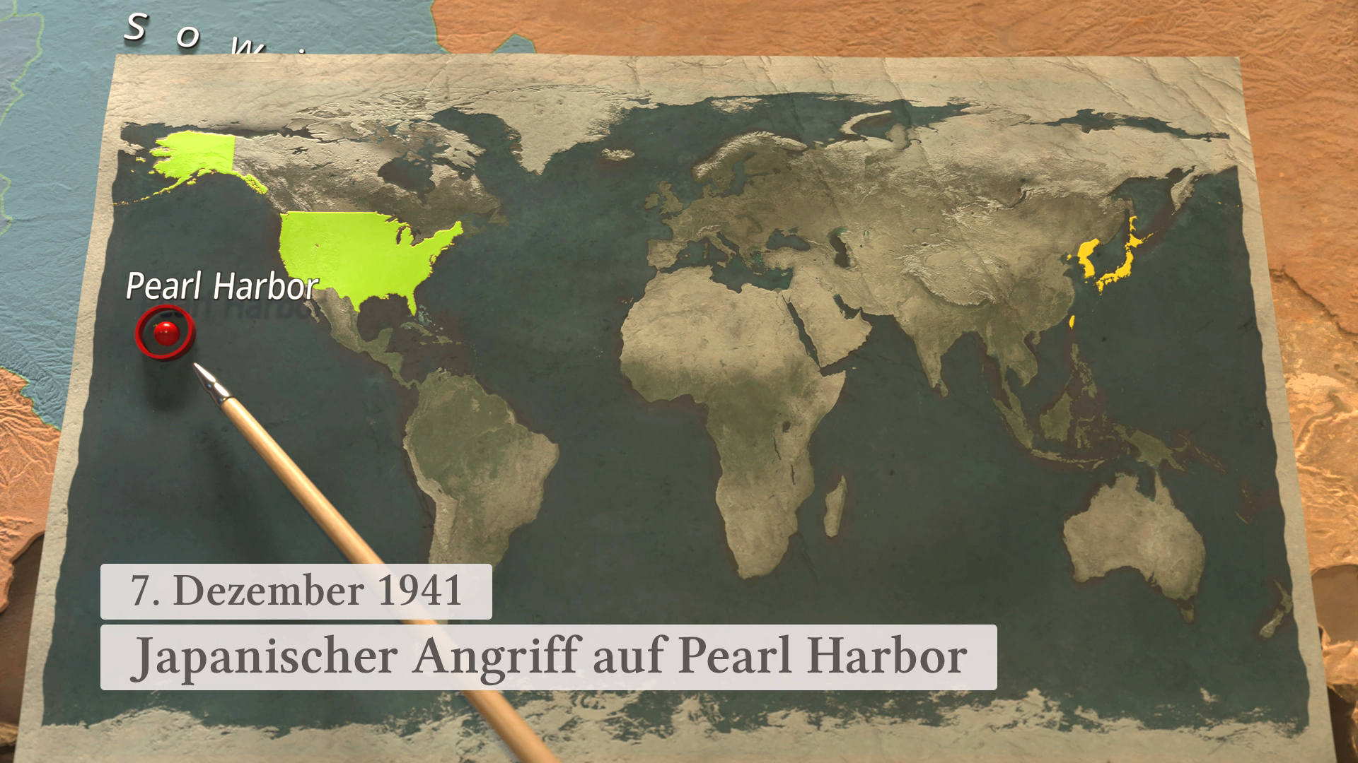 Karte zeigt den Standort von Pearl Harbor mit dem Datum '7. Dezember 1941' und dem Hinweis auf den japanischen Angriff.
