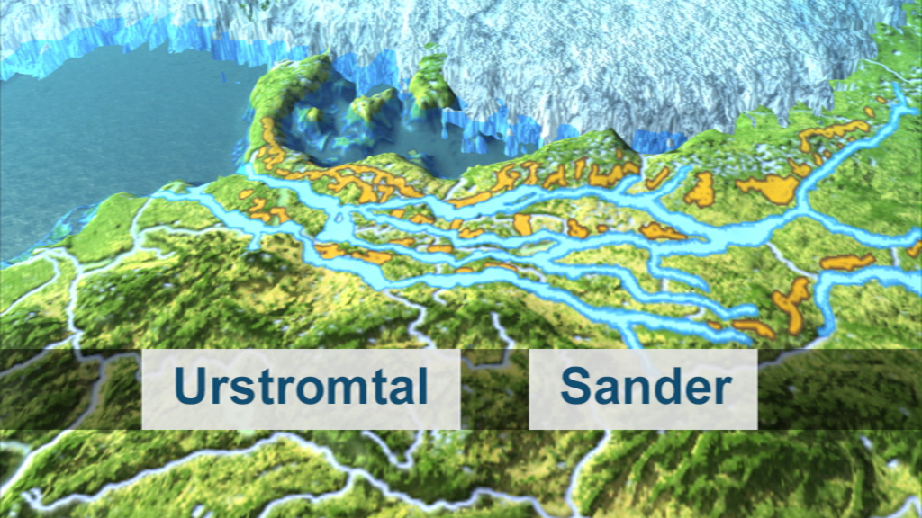 Topografische Darstellung mit den Bezeichnungen 'Urstromtal' und 'Sander' in einer Landschaft mit Flüssen und Gletschern.