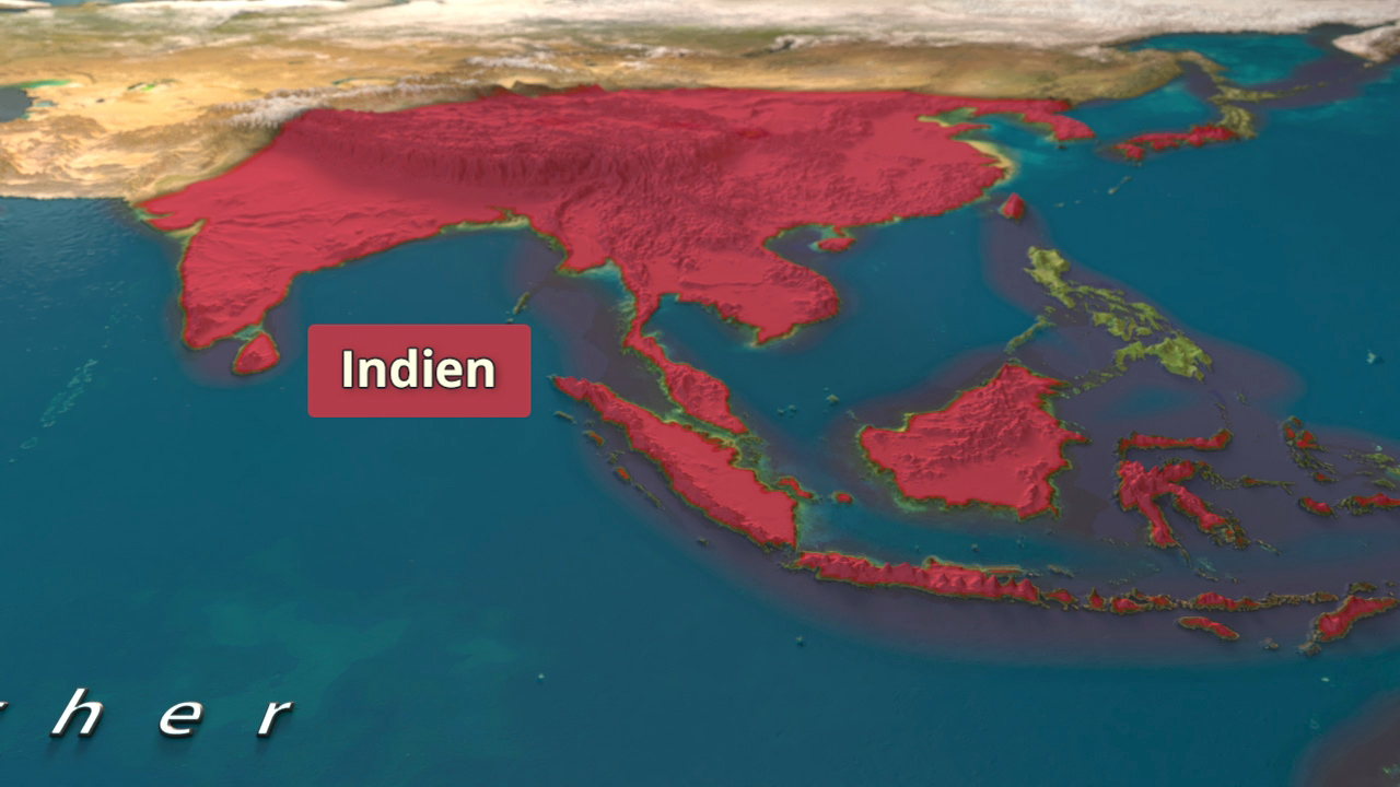 Karte von Asien mit hervorgehobenem Indien in Rot.