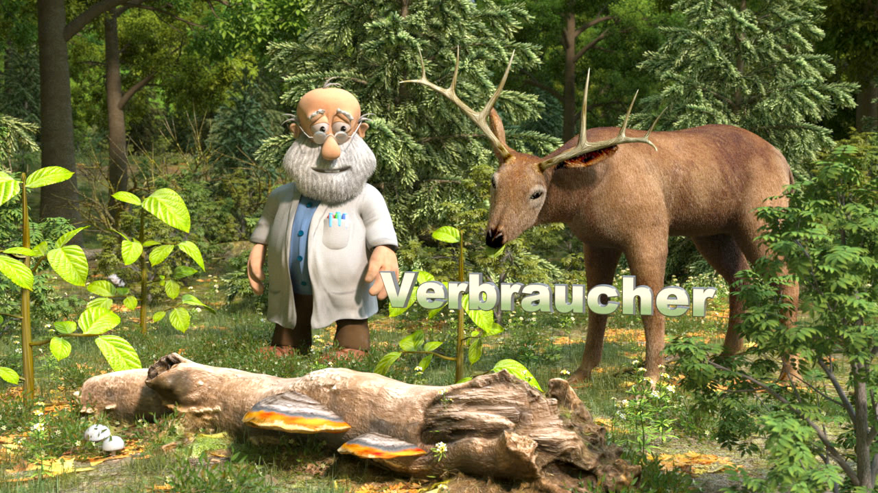 Ein Cartoon-Wissenschaftler mit Brille steht neben einem Reh in einem Wald, umgeben von Pflanzen.