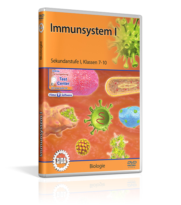 DVD-Cover für 'Immunsystem I', zeigt verschiedene Mikroben und Zellen, orangefarbener Hintergrund.