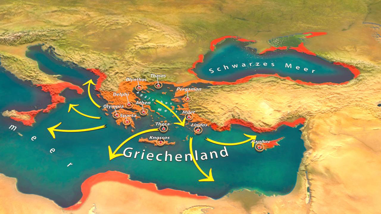 Karte des östlichen Mittelmeers mit den wichtigsten Städten Griechenlands und Pfeilen, die Handelsrouten anzeigen.
