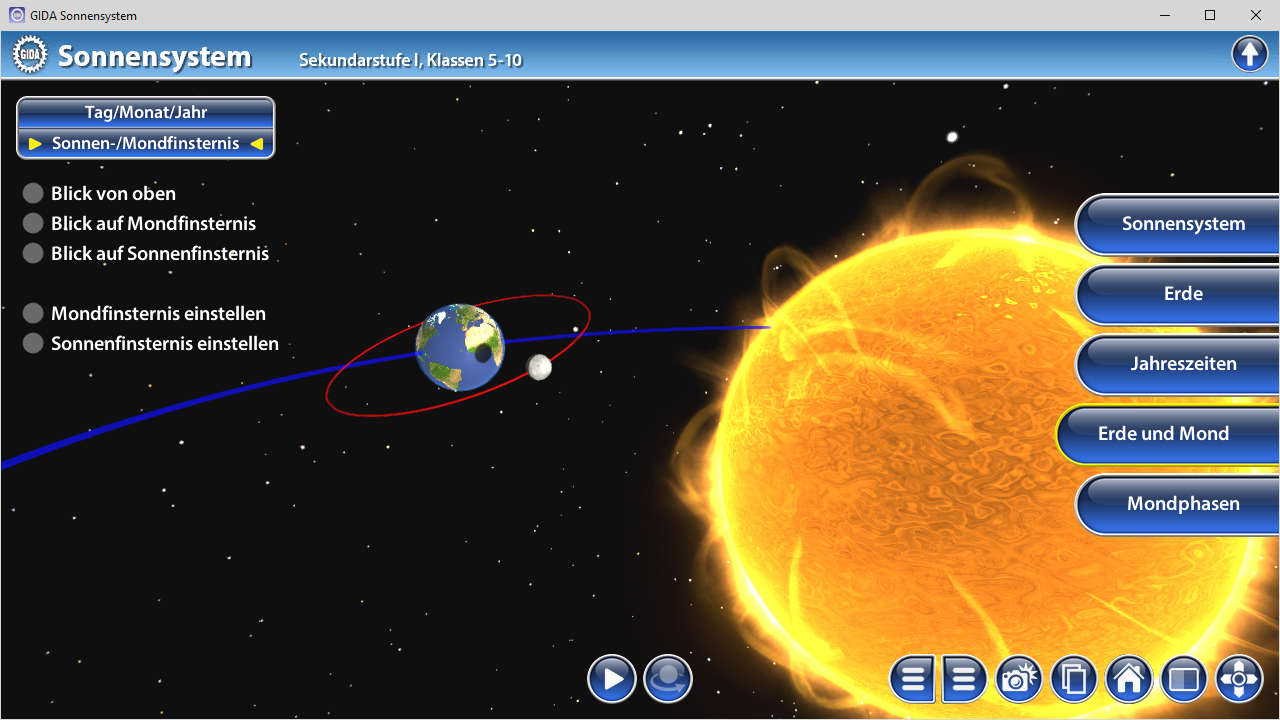 Grafik des Sonnensystems mit der Erde, die sich um die Sonne bewegt, und Optionen zur Ansicht von Mond- und Sonnenfinsternissen.