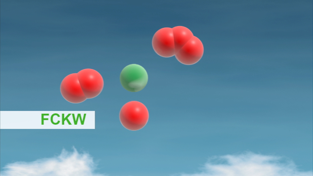 Darstellung von Molekülen mit roten und einem grünen Ball, beschriftet mit 'FCKW'.