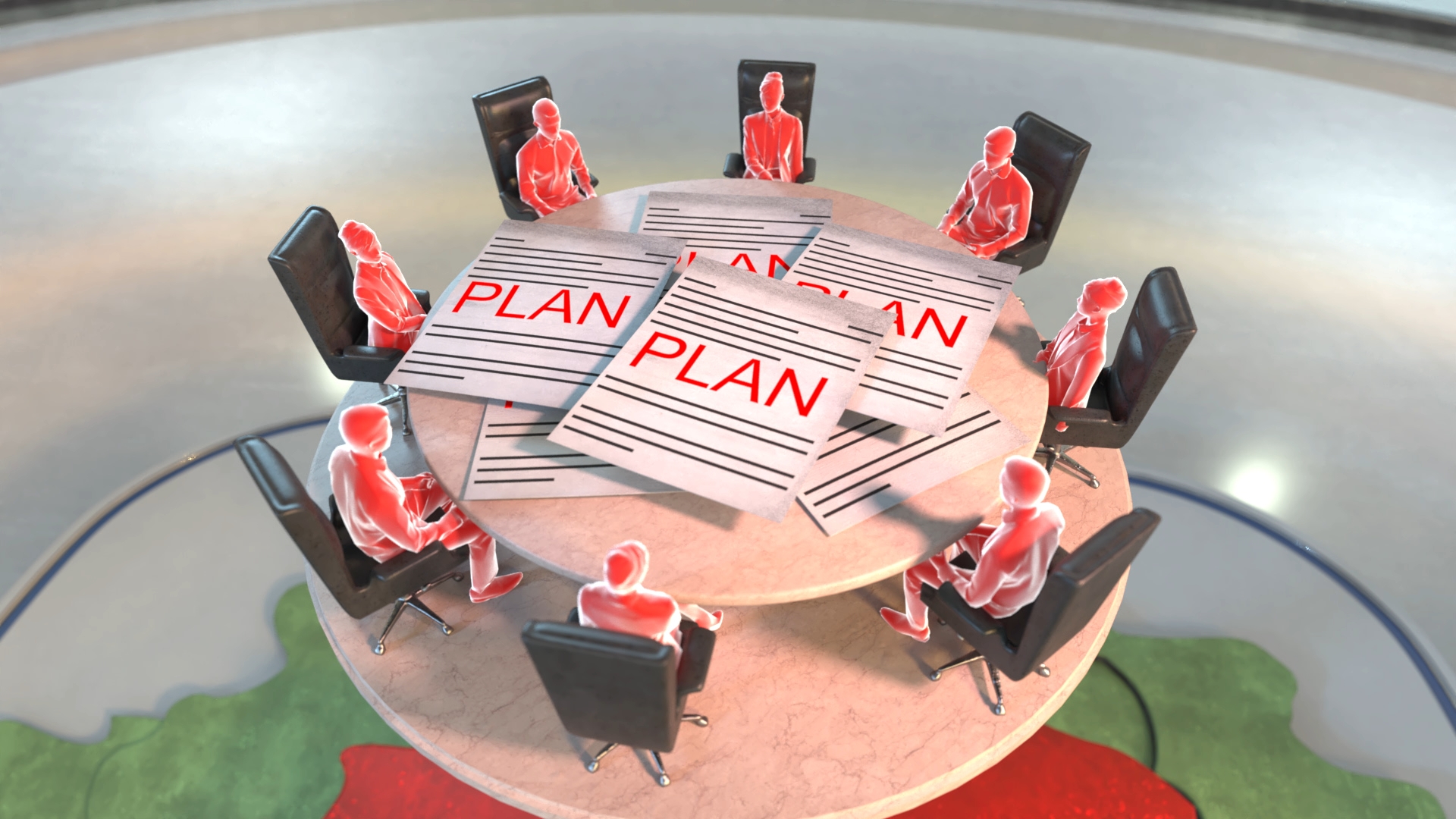 Runder Konferenztisch mit mehreren roten, schemenhaften Figuren und großen Dokumenten mit rotem Schriftzug 'PLAN'.