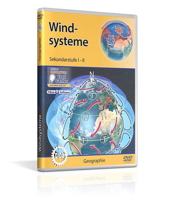 DVD-Cover mit dem Titel 'Wind-systeme', zeigt eine Weltkarte mit Windströmen und Wetterzeichen.