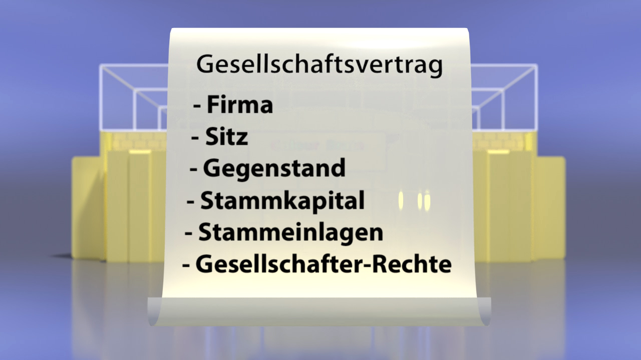 Liste der Elemente eines Gesellschaftsvertrags: Firma, Sitz, Gegenstand, Stammkapital, Stammeinlagen, Gesellschafter-Rechte.