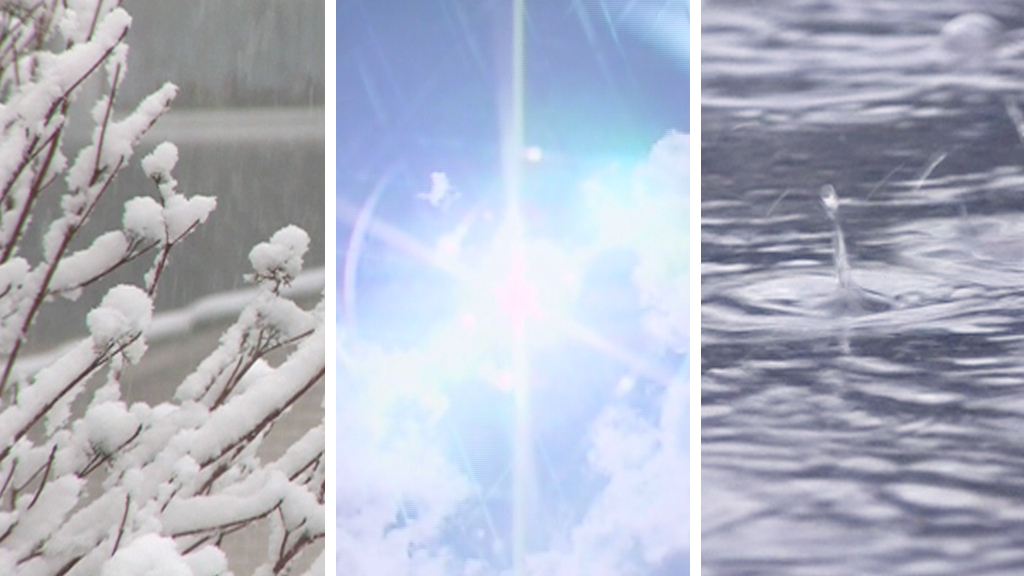 Drei Bilder: Schnee bedeckte Äste, strahlende Sonne hinter Wolken, Regentropfen auf Wasseroberfläche.