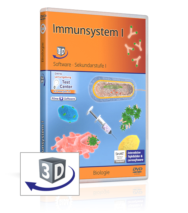 DVD-Cover für die Software 'Immunssystem I' zur Biologie für die Sekundarstufe I, mit 3D-Interaktivität.