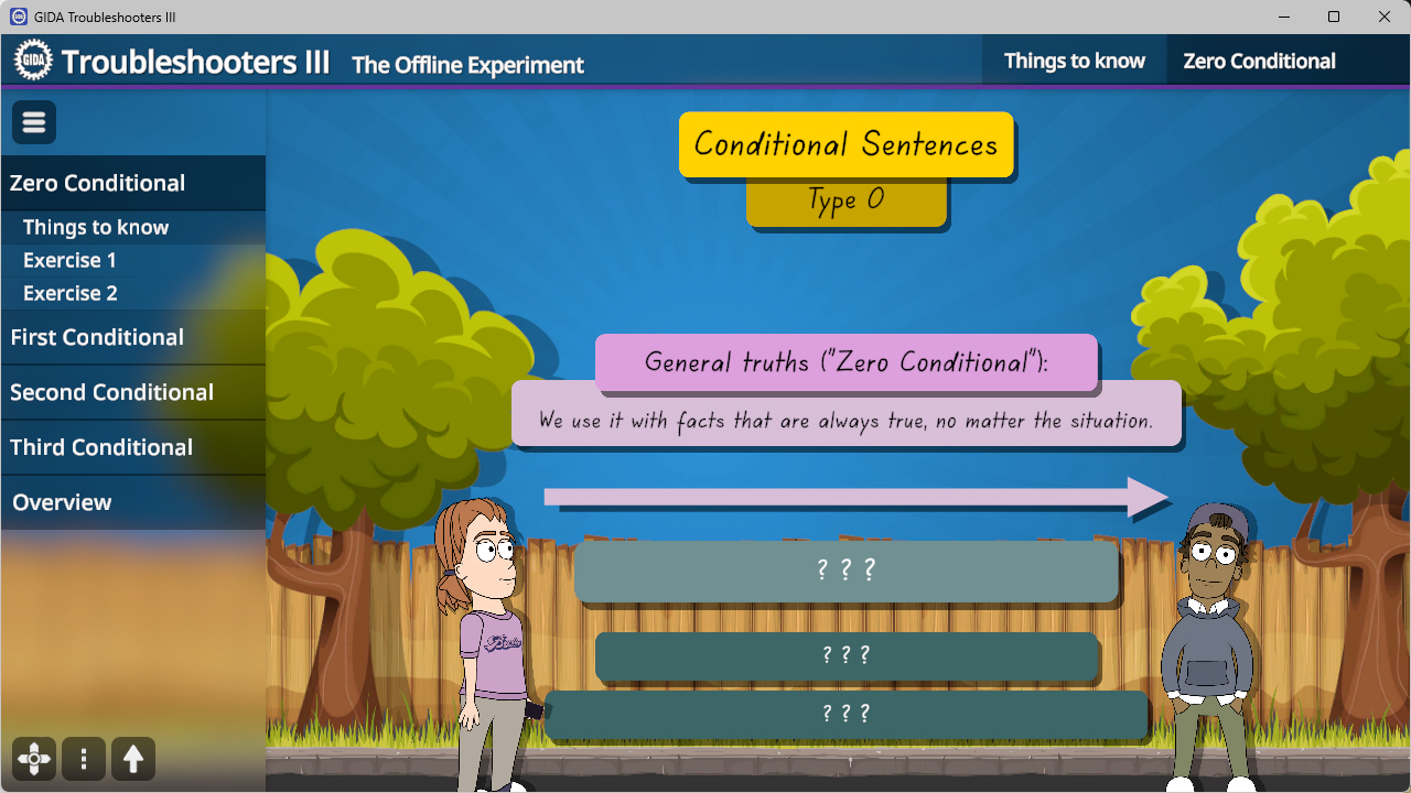 Szenenillustration mit zwei Comicfiguren vor Bäumen und einem blauen Himmel, links ein Menü mit englischen Texten zu Bedingungssätzen und rechts ein gelber Kasten mit der Überschrift 'Conditional Sentences Type 0' sowie ein rosa Kasten mit dem Text 'Gener