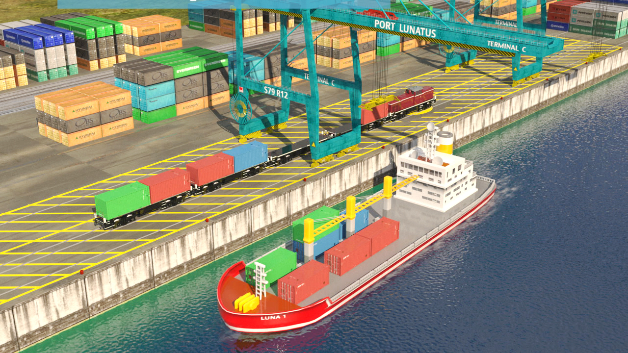 Ein Hafen mit einem Containerschiff und mehreren Lkw, die Container entladen. Kräne sind im Hintergrund sichtbar.