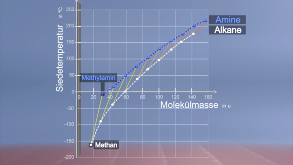 Diagramm zeigt den Zusammenhang zwischen Siedetemperatur und Molekülmasse für Amine, Alkane, Methylamin und Methan.