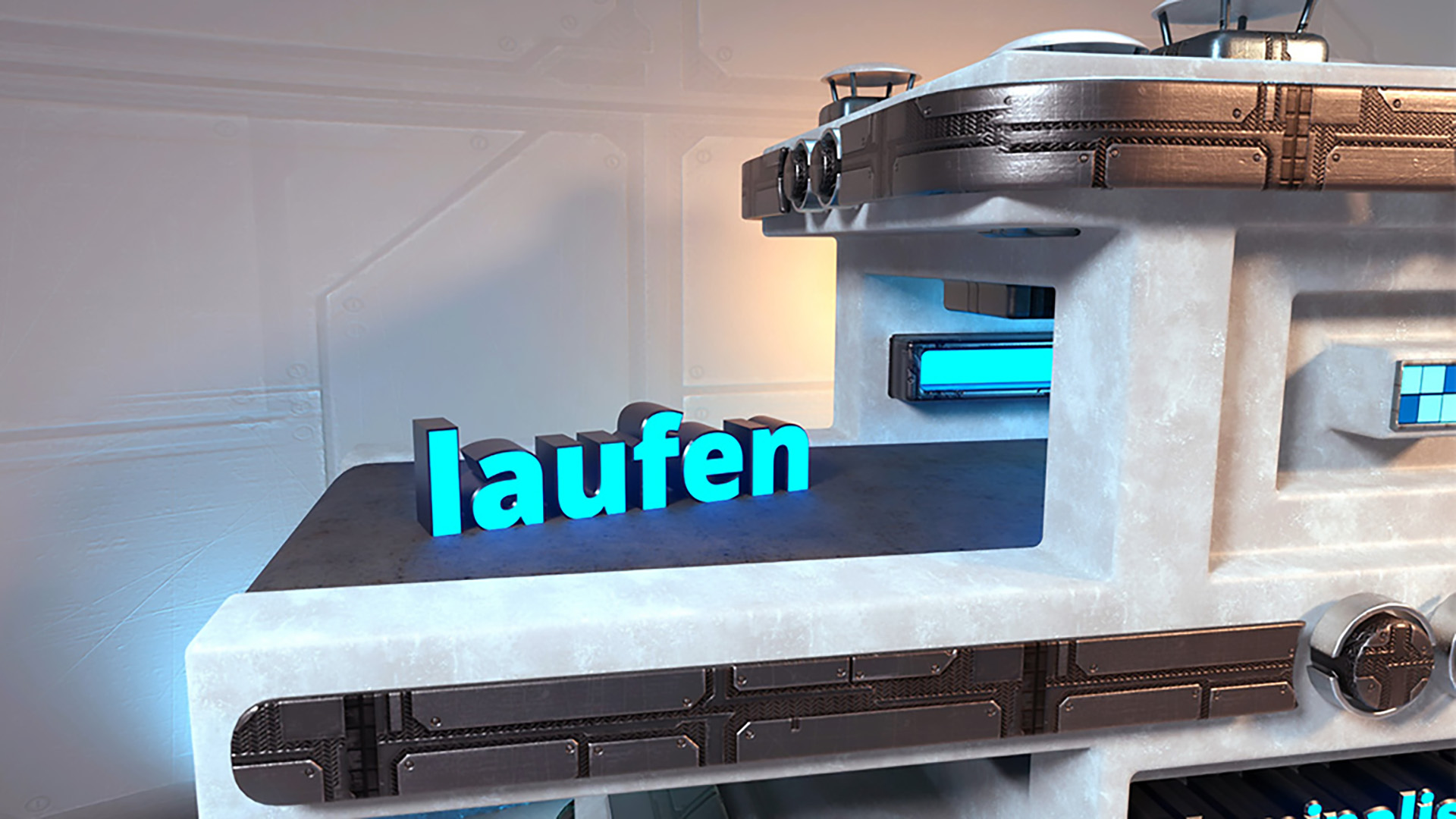 Das Wort 'laufen' in blauer Schrift auf dem Fließband einer Maschine