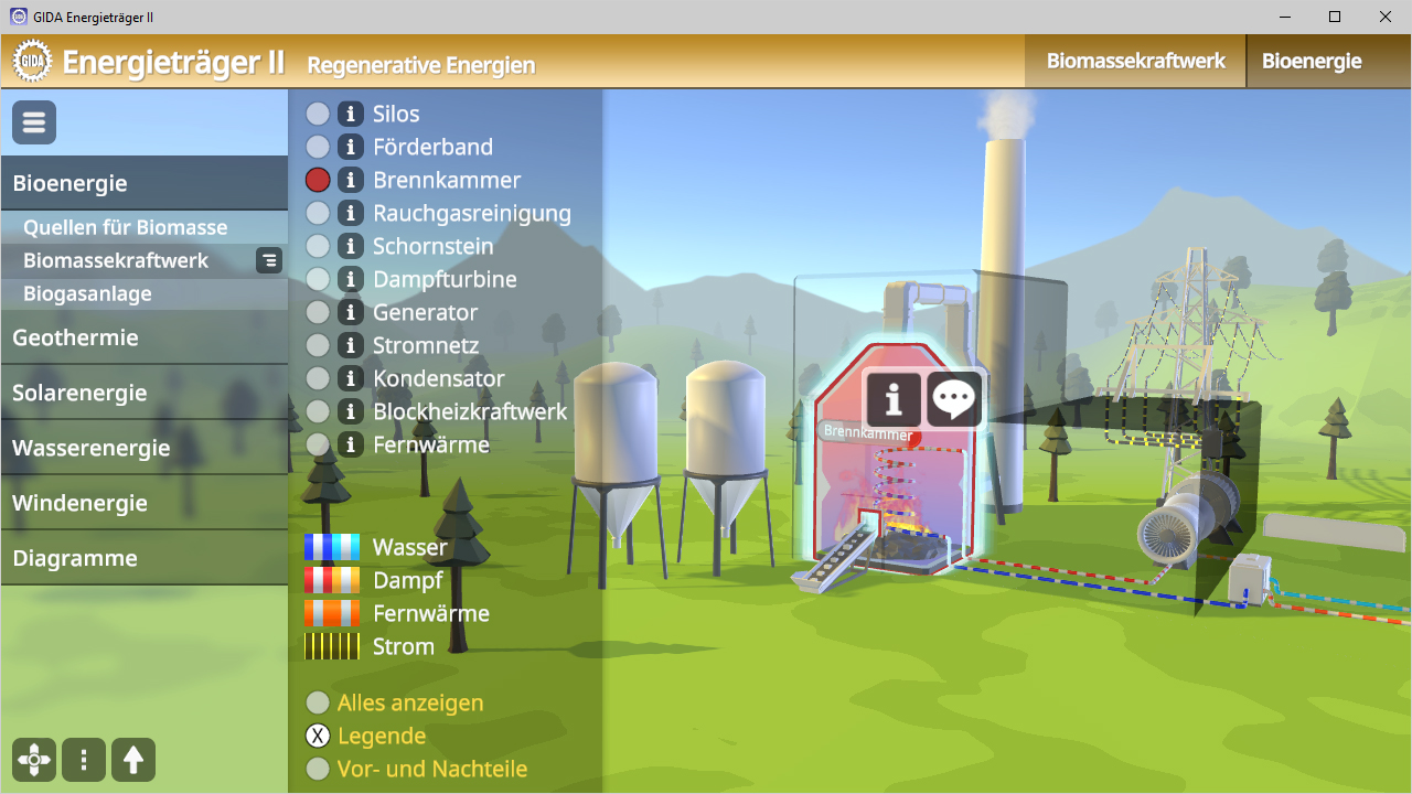 Benutzeroberfläche eines Spiels oder einer Anwendung zur Erzeugung regenerativer Energie mit verschiedenen Optionen für Biomassekraftwerke.