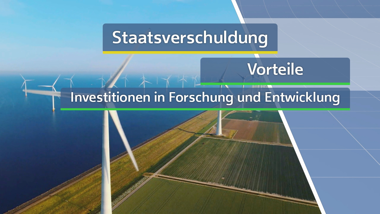 Infografik über Staatsverschuldung und Vorteile, einschließlich Investitionen in Forschung und Entwicklung, mit Windkraftanlagen im Hintergrund.