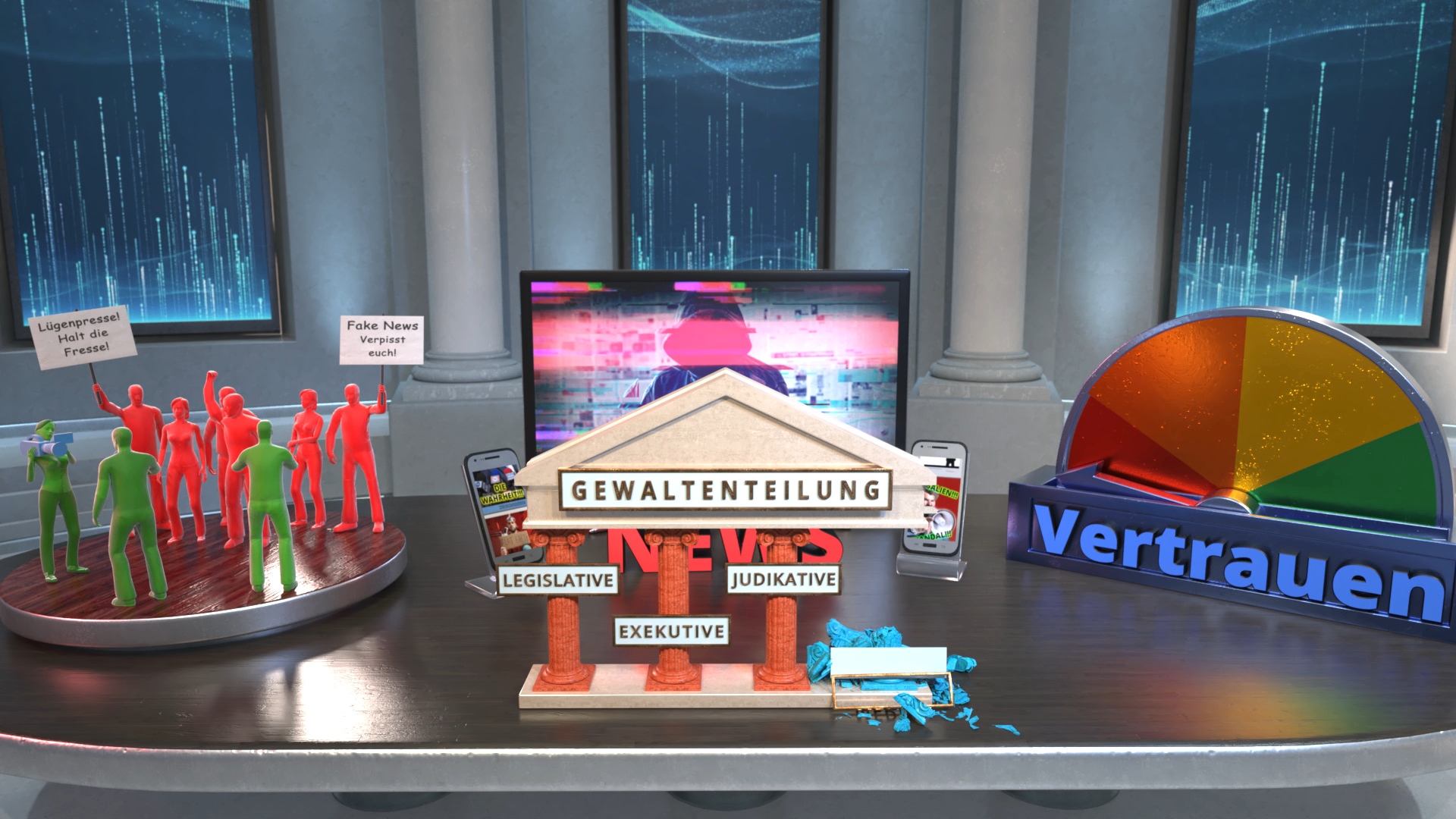 Drei Gruppen von farbigen Figuren auf runden Plattformen, ein Modell eines Gebäudes mit den Worten 'Gewaltenteilung', 'Legislative', 'Exekutive', 'Judikative' und ein halbkreisförmiges Diagramm mit dem Wort 'Vertrauen'.