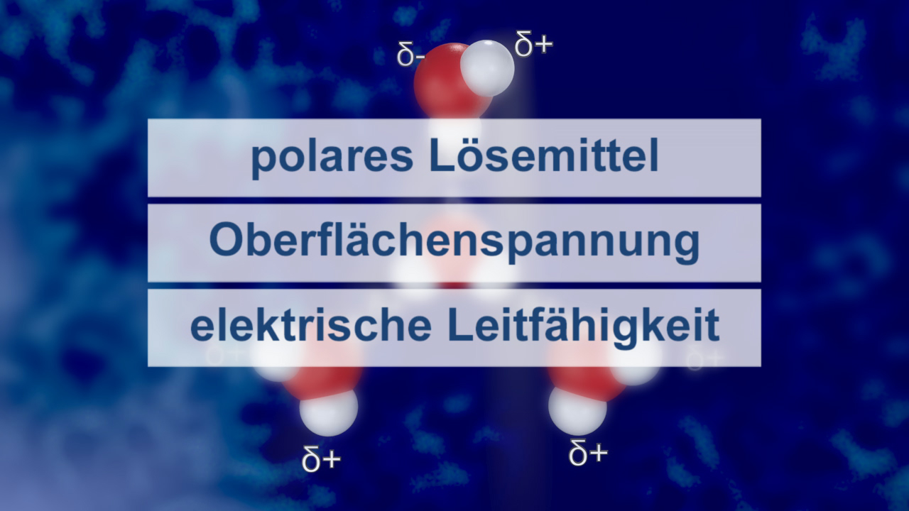 Infografik über Eigenschaften von Wasser: polares Lösungsmittel, Oberflächenspannung, elektrische Leitfähigkeit