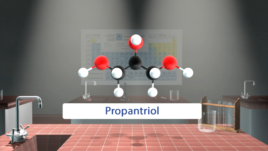 3D-Modell von Propantriol mit chemischer Struktur, im Laborumfeld.