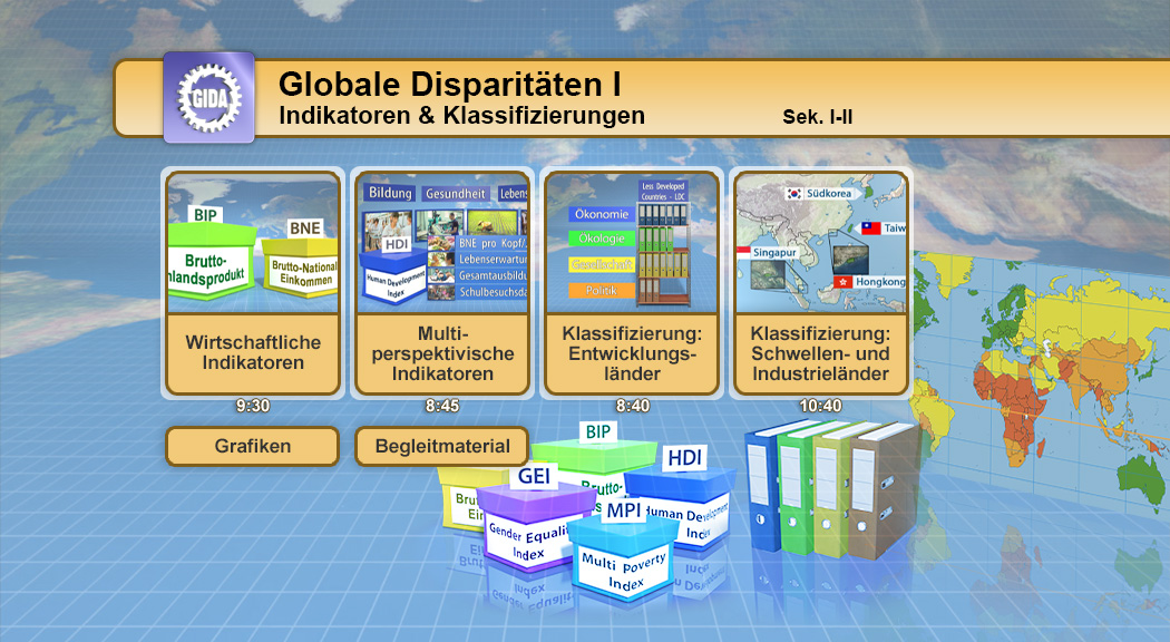 Infografik zu globalen Disparitäten mit verschiedenen Indikatoren und Klassifizierungen, darunter BNE, GEI, HDI und MPI.