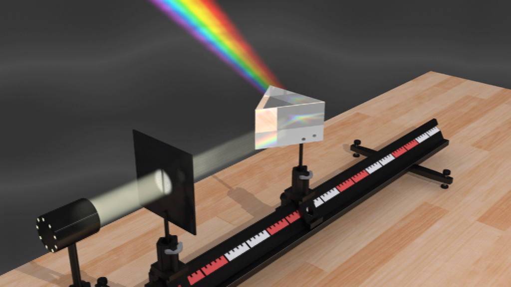 Ein Prisma, das Licht in ein Regenbogen-Spektrum zerlegt, auf einem Tisch.