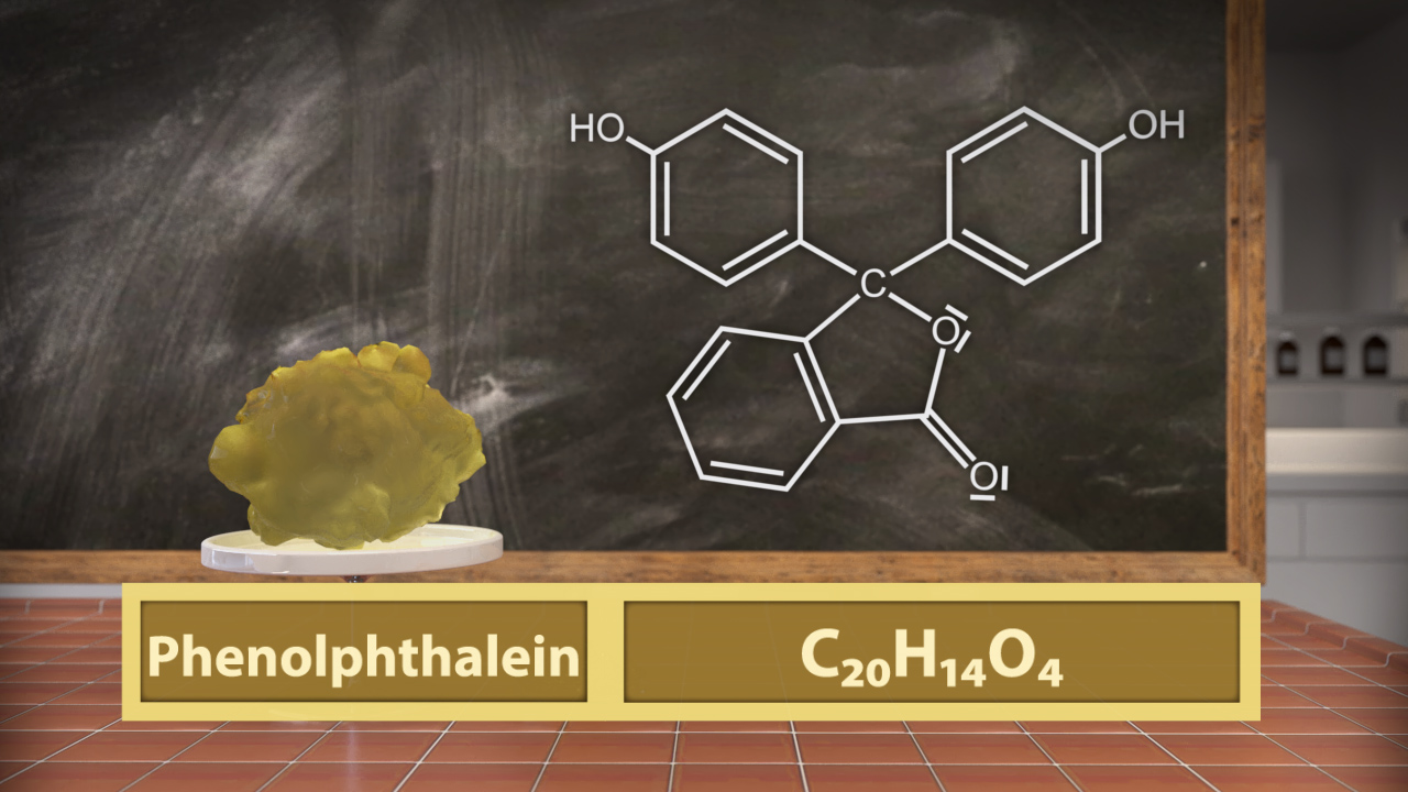 Chemische Struktur von Phenolphthalein mit der Formel C20H14O4 auf einer Tafel.