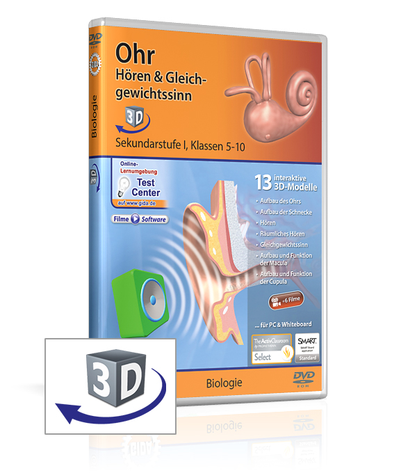 DVD-Cover für 'Ohr Hören & Gleichgewichtssinn 3D', mit 13 interaktiven 3D-Modellen für Biologieunterricht.
