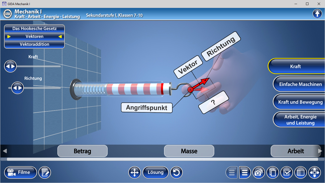 Illustration eines mechanischen Systems mit Vektoren, Kräften und Richtungen, dargestellt in einem interaktiven Lernprogramm.