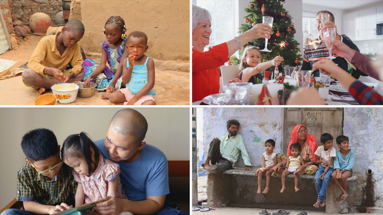 Eine Collage mit vier Szenen: Kinder beim Essen in einem ländlichen Umfeld, eine festliche Weihnachtsfeier mit Anstoßen, eine Familie, die zusammen ein Tablet nutzt, und eine Gruppe von Kindern, die an einer Wand sitzen.