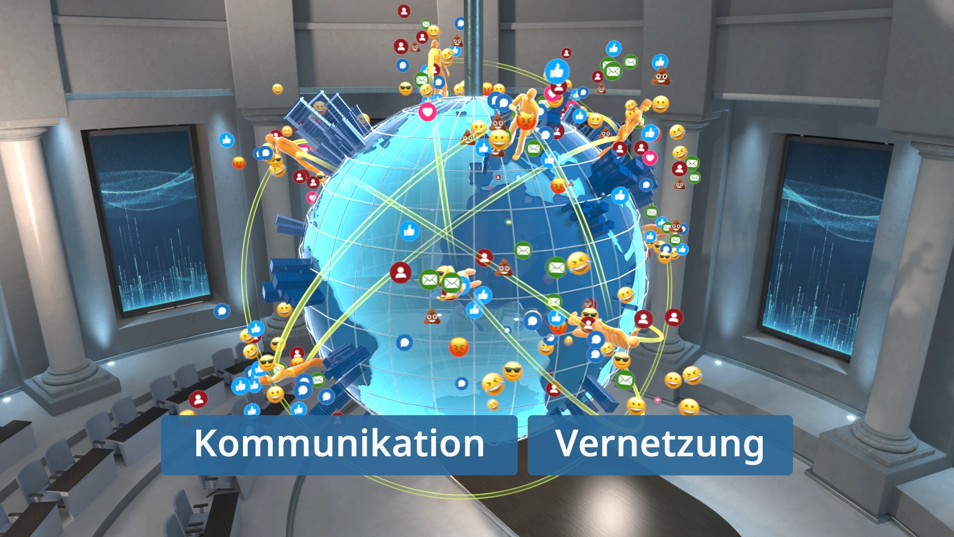Blauer Globus mit zahlreichen bunten Kommunikations- und Emoji-Symbolen, verbunden durch gelbe Linien, vor grauem Raum mit Säulen. Text: 'Kommunikation, Vernetzung'.