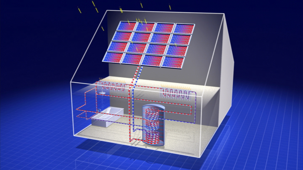 Grafik eines Hauses mit Solarpanelen auf dem Dach, die Sonnenlicht in Energie umwandeln. Kabel und ein Speicherbehälter sind sichtbar.