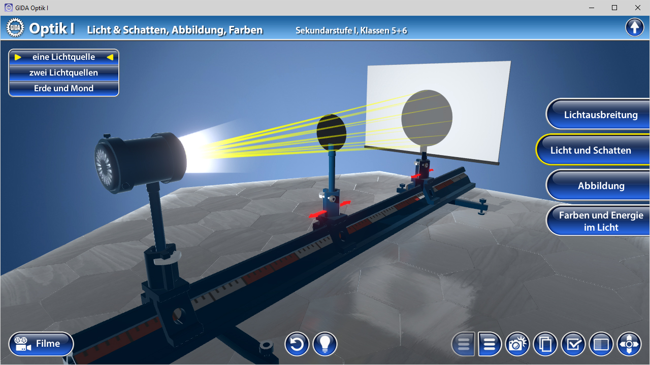 Simulation zur Demonstration von Licht, Schatten und Farben mit Lichtquellen, Objekten und einer Projektionsfläche.