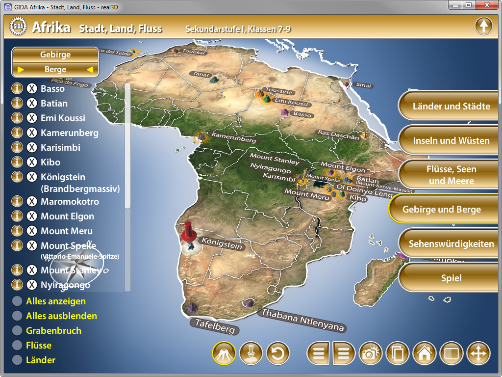 Interaktive Karte von Afrika mit geografischen Merkmalen wie Gebirgen, Flüssen und Ländern.