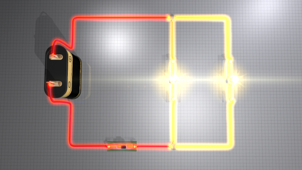 Schematische Darstellung eines elektrischen Schaltkreises mit einer Batterie und zwei parallelen Leitungen in rot und gelb.