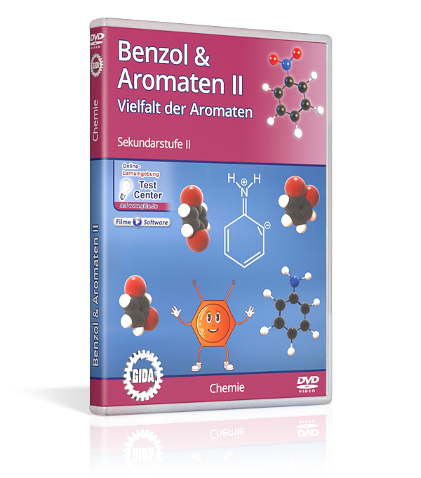 DVD-Cover für 'Benzol & Aromaten II', zeigt chemische Strukturen und einen Cartoon-Charakter.